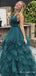 Sexy Green V-Neck Lace Up Back Evening Gown Maxi Long Formal Dresses Prom Dresses With Ruffles,MB525