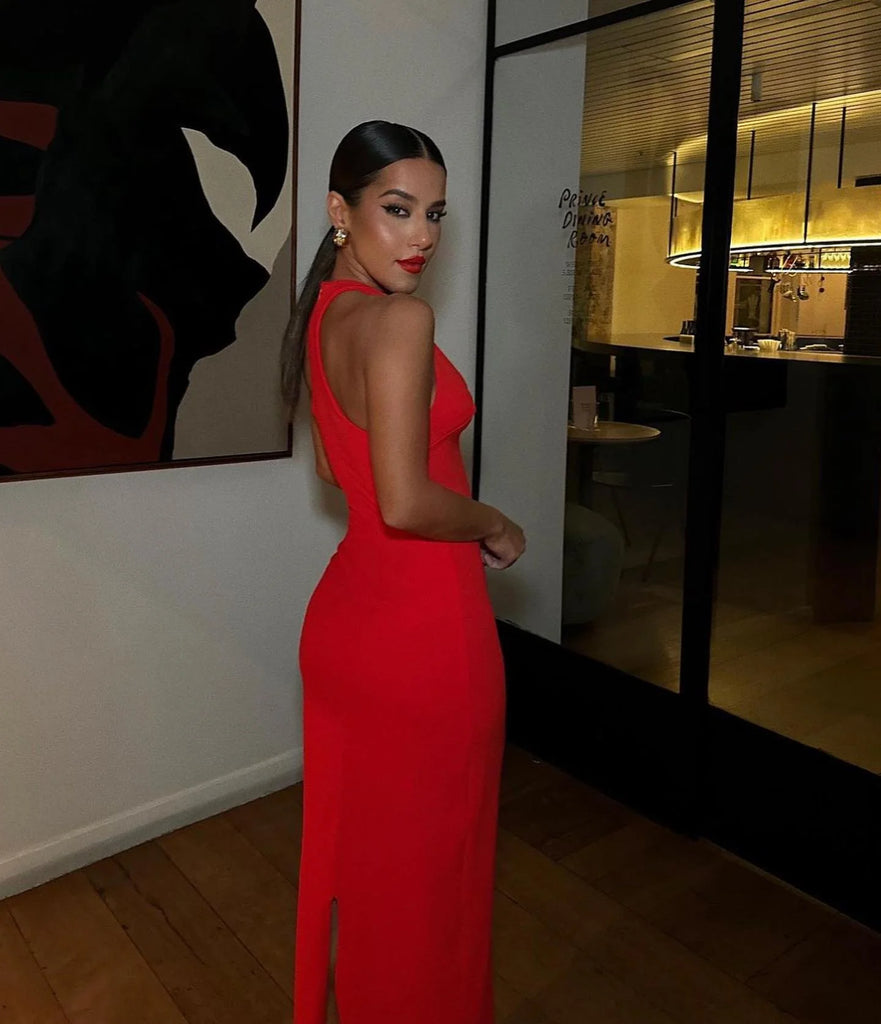 Elegant Red Halter V Neck Mermaid Sleeveless Evening Prom Dresses,MB141