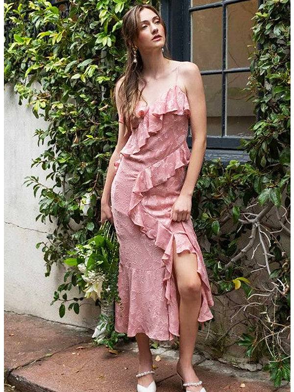 Elegant Unique Pink Ruffle Spaghetti Strap Side Slit Mermaid Long Prom Dresses,MB36