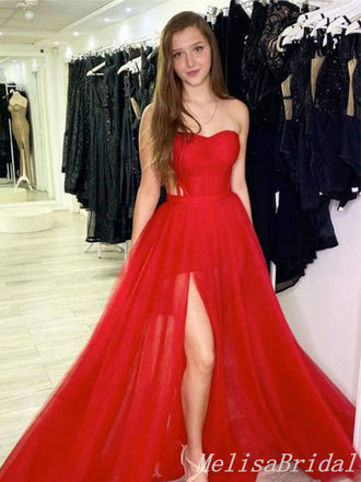 Red Strapless A-Line Sweetheart Evening Gown Maxi Long Evening Party Prom Dresses With Sultry Slit,MB621