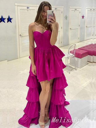 Hot Pink High Low Strapless A-line Layer Evening Gown Long Evening Party Prom Dresses ,MB829
