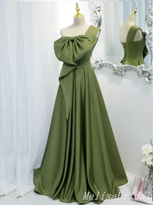 Green A-Line One Shoulder Lace Up Back Evening Gown Maxi Long Formal Dresses Prom Dresses With Bow Knot,MB565