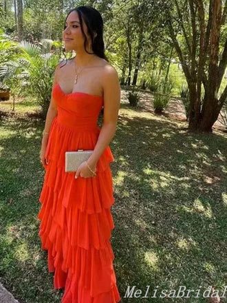 Orange Strapless Layer Sweetheart A-Line Evening Gown Maxi Long Evening Party Prom Dresses ,MB650