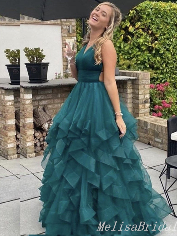 Sexy Green V-Neck Lace Up Back Evening Gown Maxi Long Formal Dresses Prom Dresses With Ruffles,MB525