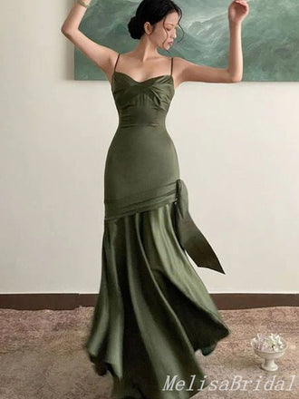 Olive Spaghetti Straps Sweetheart Mermaid Evening Gown Maxi Long Evening Party Prom Dresses ,MB593