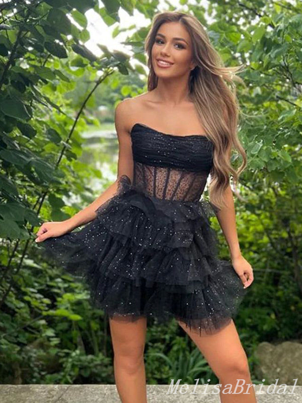 Sexy A-line Strapless Lace Tiered Short Homecoming Dresses, HD262