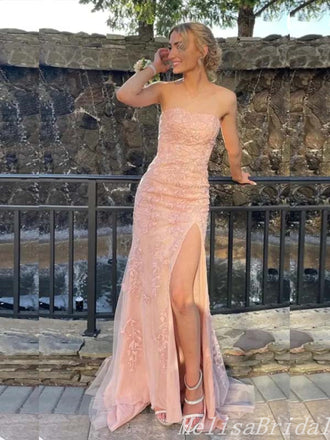 Sexy Light Pink Strapless Mermaid Evening Gown Maxi Long Formal Dresses Prom Dresses With Side Slit ,MB476