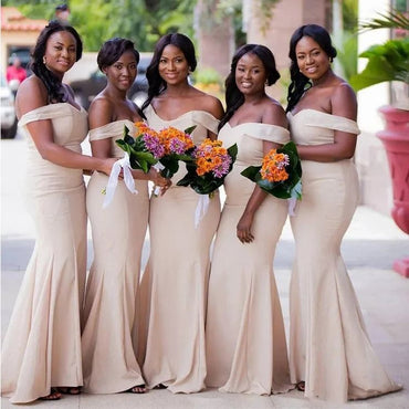 Elegant Ivory White V Neck Off Shoulder Simple Mermaid Long Cheap Bridesmaid Dresses ,BD113