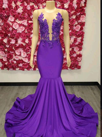 Purple Illusion Lace Appliques Mermaid Evening Gown Maxi Long Evening Party Prom Dresses  ,MB721