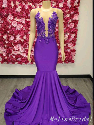 Purple Illusion Lace Appliques Mermaid Evening Gown Maxi Long Evening Party Prom Dresses  ,MB721