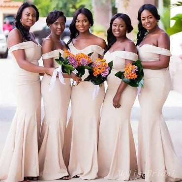 Elegant Ivory White V Neck Off Shoulder Simple Mermaid Long Cheap Bridesmaid Dresses ,BD113