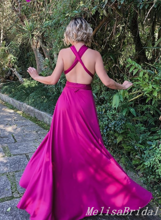 Hot Pink Halter Criss Cross A-line Evening Gown Maxi Long Evening Party Prom Dresses ,MB749