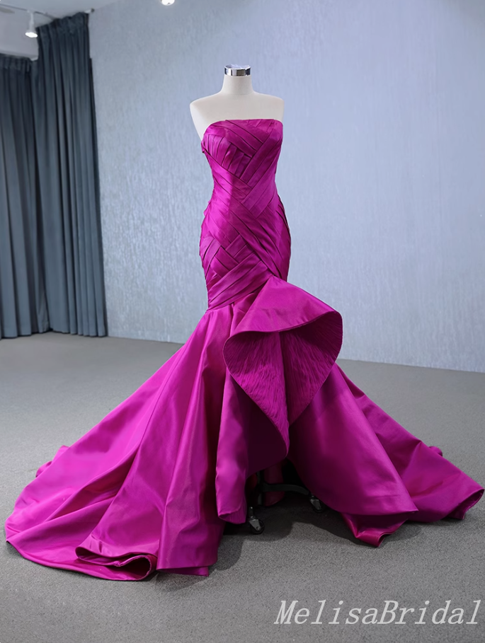 Sexy Hot Pink Strapless  Mermaid Party Dress Long Prom Dresses to Impress with Trailing  ,MB965