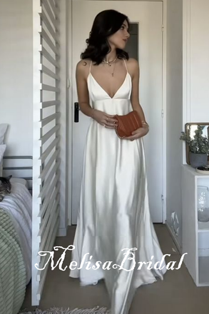 White Spaghetti Straps V Neck A-Line Evening Gown Maxi Long Evening Party Prom Dresses  ,MB651