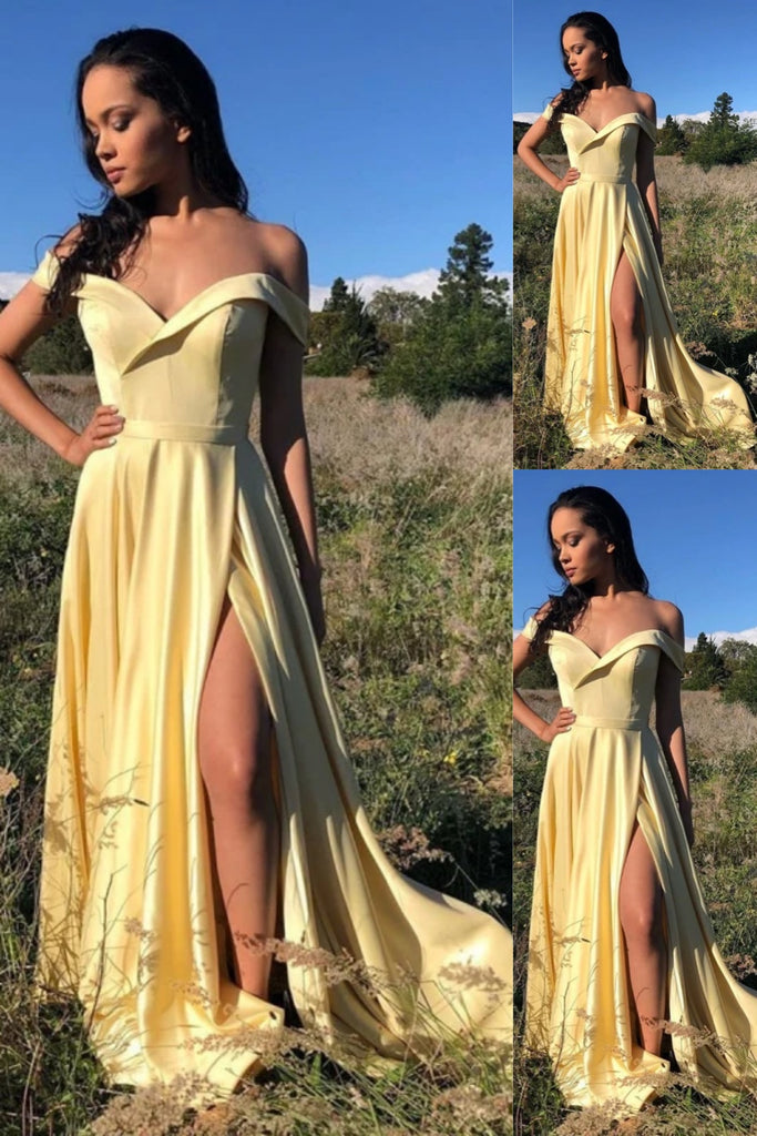 Light Yellow Off-the-shoulder Sweetheart Evening Gown Maxi Long Evening Party Prom Dresses with Side Slit  ,MB722