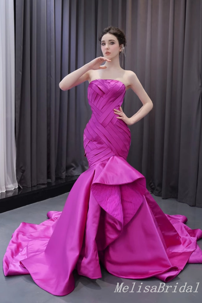 Sexy Hot Pink Strapless  Mermaid Party Dress Long Prom Dresses to Impress with Trailing  ,MB965