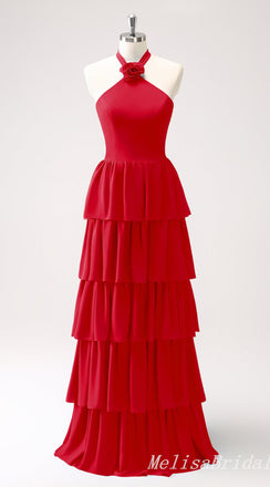 Red Layer A-line Halter Evening Gown Maxi Long Evening Party Prom Dresses,MB796