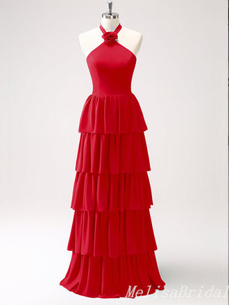 Red Layer A-line Halter Evening Gown Maxi Long Evening Party Prom Dresses,MB796