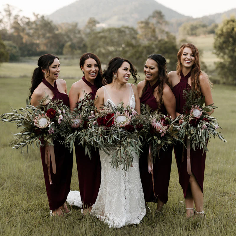 Sexy Halter Dark Red Side Slit Long Cheap Bridesmaid Dresses,BD25