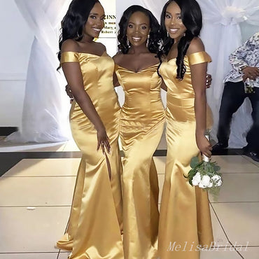 Elegant Yellow V Neck Off Shoulder Side Slit Simple Mermaid Long Cheap Bridesmaid Dresses ,BD112