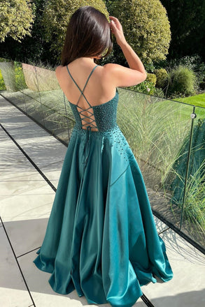 Elegant Green Spaghetti Strap A-Line Lace Up Back Long Prom Dresses,MB01