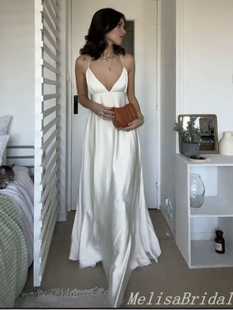 White Spaghetti Straps V Neck A-Line Evening Gown Maxi Long Evening Party Prom Dresses  ,MB651