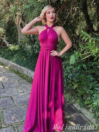 Hot Pink Halter Criss Cross A-line Evening Gown Maxi Long Evening Party Prom Dresses ,MB749