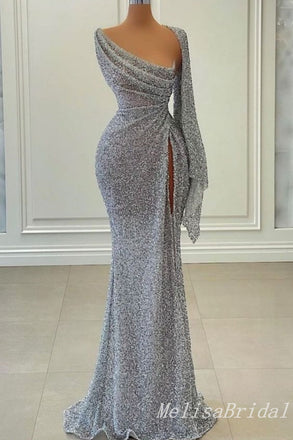 Sparkle Grey Mermaid One Shoulder Evening Gown Long Evening Party Prom Dresses,MB831