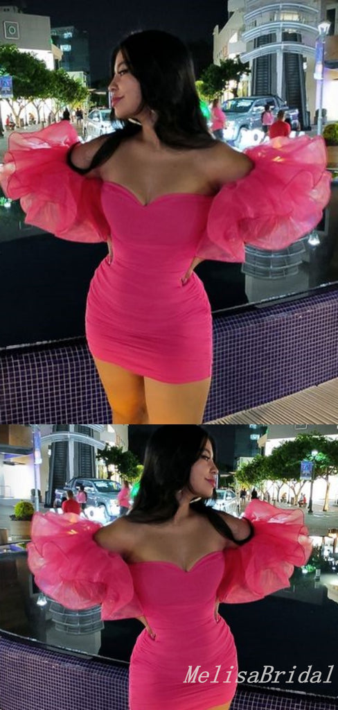 Hot Pink Off-The-Shoulder Sweetheart Mermaid Graduation Party Short Homecoming Dresses, HD414