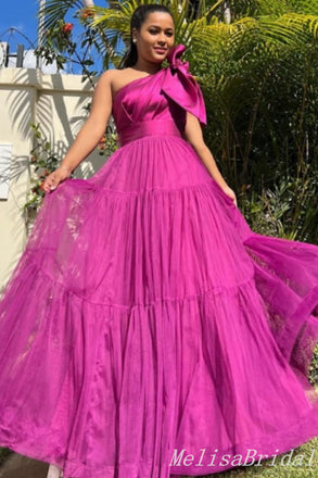 Hot Pink Halter One Shoulder Bow A-line Evening Gown Maxi Long Evening Party Prom Dresses  ,MB750
