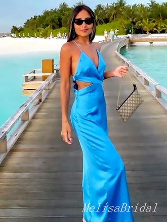 Sexy Blue Spaghetti Straps V Neck Mermaid Sleeveless Evening Prom Dresses,MB143