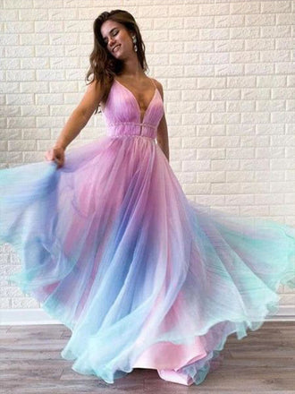 Colorful Spaghetti Straps Plunging A-line Evening Gown Maxi Long Evening Party Prom Dresses ,MB723