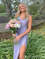 Spaghetti Straps Lilac Sheath Evening Gown Maxi Long Evening Party Prom Dresses with Side Slit,MB797