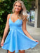 Elegant Blue Satin Spaghetti Straps Simple Cheap A-Line Short Homecoming Dresses, HD218