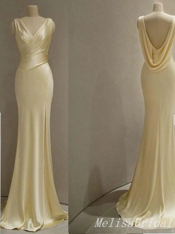 Elegant Light Yellow V Neck Mermaid Long Party Dress Prom Dresses,MB1031