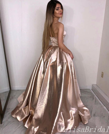 Champagne Sparkle A-Line Strapless Evening Gown Maxi Long Evening Party Prom Dresses With Pleats,MB653