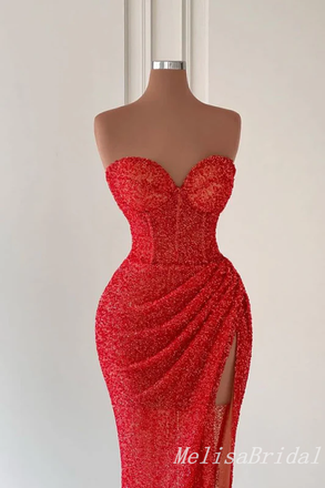 Red Strapless Mermaid Sweetheart Evening Gown Long Evening Party Prom Dresses with Side Slit,MB832