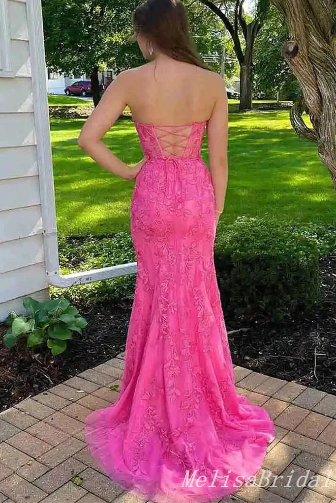 Pink Sweetheart Strapless Mermaid Lace Up Back Lace Appliques Evening Gown Maxi Long Formal Dresses Prom Dresses,MB568