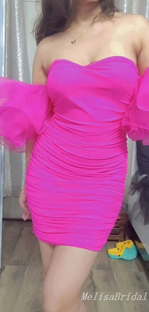 Hot Pink Off-The-Shoulder Sweetheart Mermaid Graduation Party Short Homecoming Dresses, HD415
