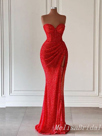 Red Strapless Mermaid Sweetheart Evening Gown Long Evening Party Prom Dresses with Side Slit,MB832