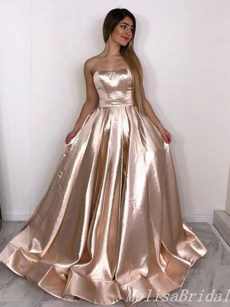Champagne Sparkle A-Line Strapless Evening Gown Maxi Long Evening Party Prom Dresses With Pleats,MB653