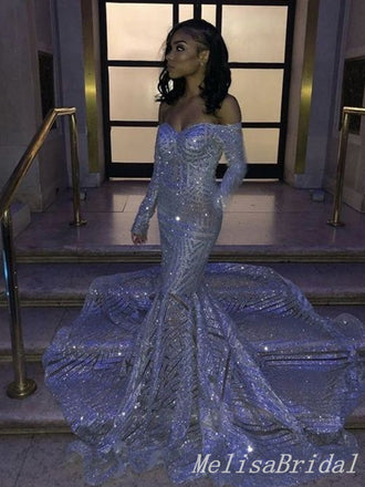 Sparkle Purple Off Shoulder Long Sleeves Mermaid Evening Gown Maxi Long Evening Party Prom Dresses,MB724