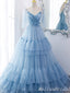 Blue Lace Up Back V Neck Layer Spaghetti Straps A-line Ball Gown Evening Gown Maxi Long Evening Party Prom Dresses,MB798