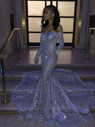 Sparkle Purple Off Shoulder Long Sleeves Mermaid Evening Gown Maxi Long Evening Party Prom Dresses,MB724