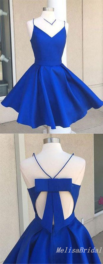 Royal Blue V-Neck Spaghetti Straps Graduation Party Short Homecoming Dresses With Bow Knot, HD416