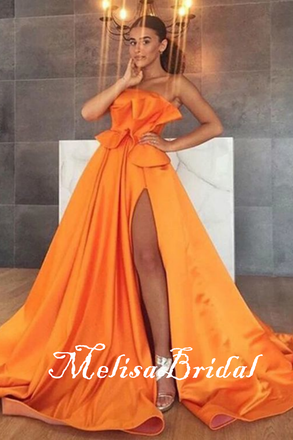 Orange A-Line Strapless Evening Gown Maxi Long Evening Party Prom Dresses With Pleats,MB654