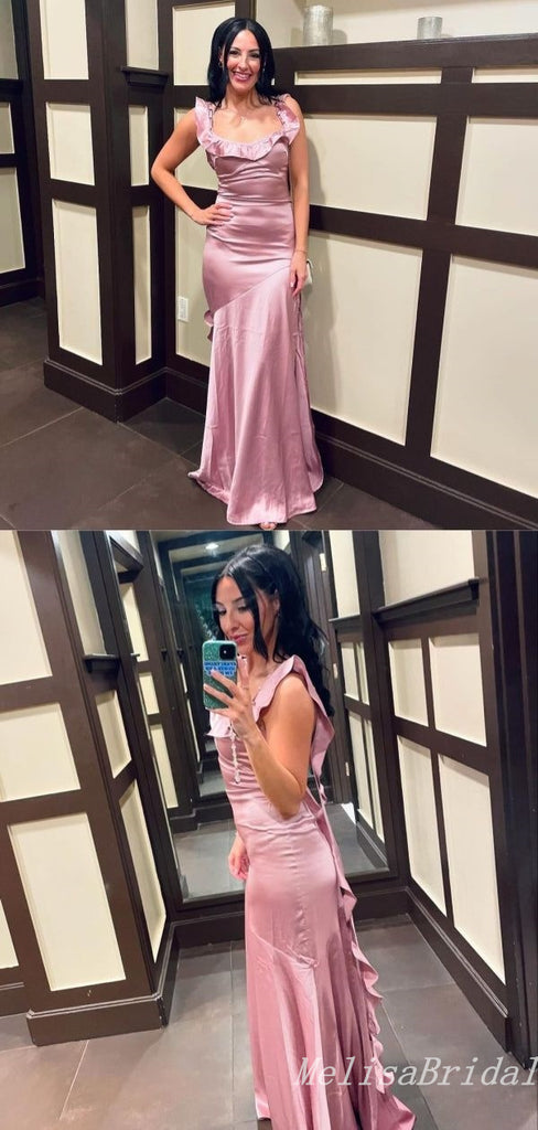 Elegant Unique Pink Sheath Square Neck Evening Gown Maxi Long Formal Dresses Prom Dresses,MB529