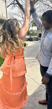 Elegant Orange Ruffle Side Slit A-Line Lace Up Back Long Prom Dresses,MB37