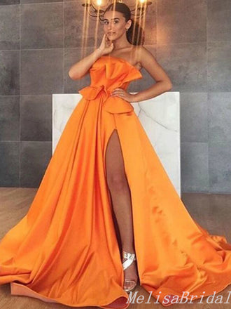 Orange A-Line Strapless Evening Gown Maxi Long Evening Party Prom Dresses With Pleats,MB654