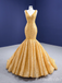 Shiny Yellow V Neck Mermaid Lace up Back Party Dress Long Prom Dresses to Impress ,MB969